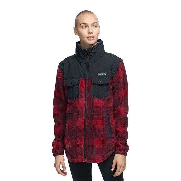 Columbia Benton Springs Overlay Plaid Check Zip Fleece Jacket Red Black Women M - Picture 1 of 10